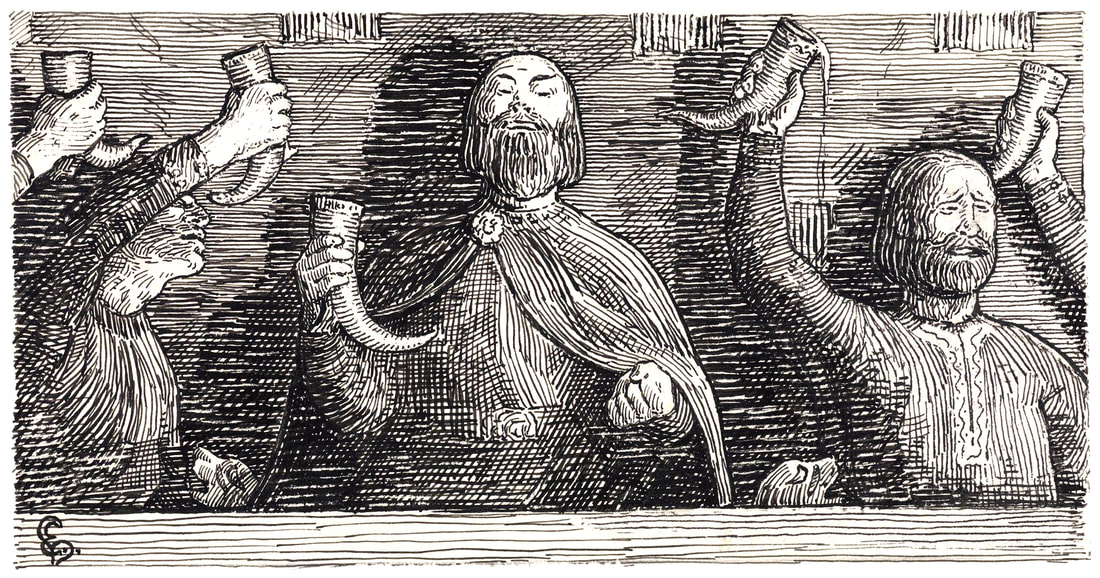 «Sigvalde jarl gjør løfte ved minnedrikken», illustrasjon av Halfdan Egedius 1899. Fotolisens er Creative Commons Attribution License (CC-BY).